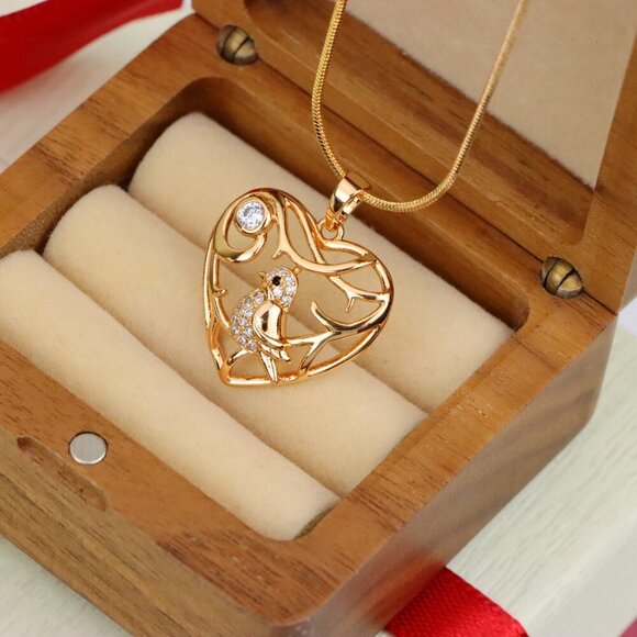 "Heart Shaped Rose Gold Pendant with Bird and Branch Design, XPPT1297 - Picture 10 of 12